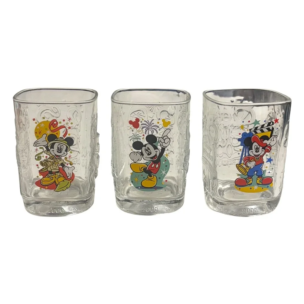 Disney World 2000 Celebration McDonalds Mickey Mouse Glass Mugs Set of 3 Clear